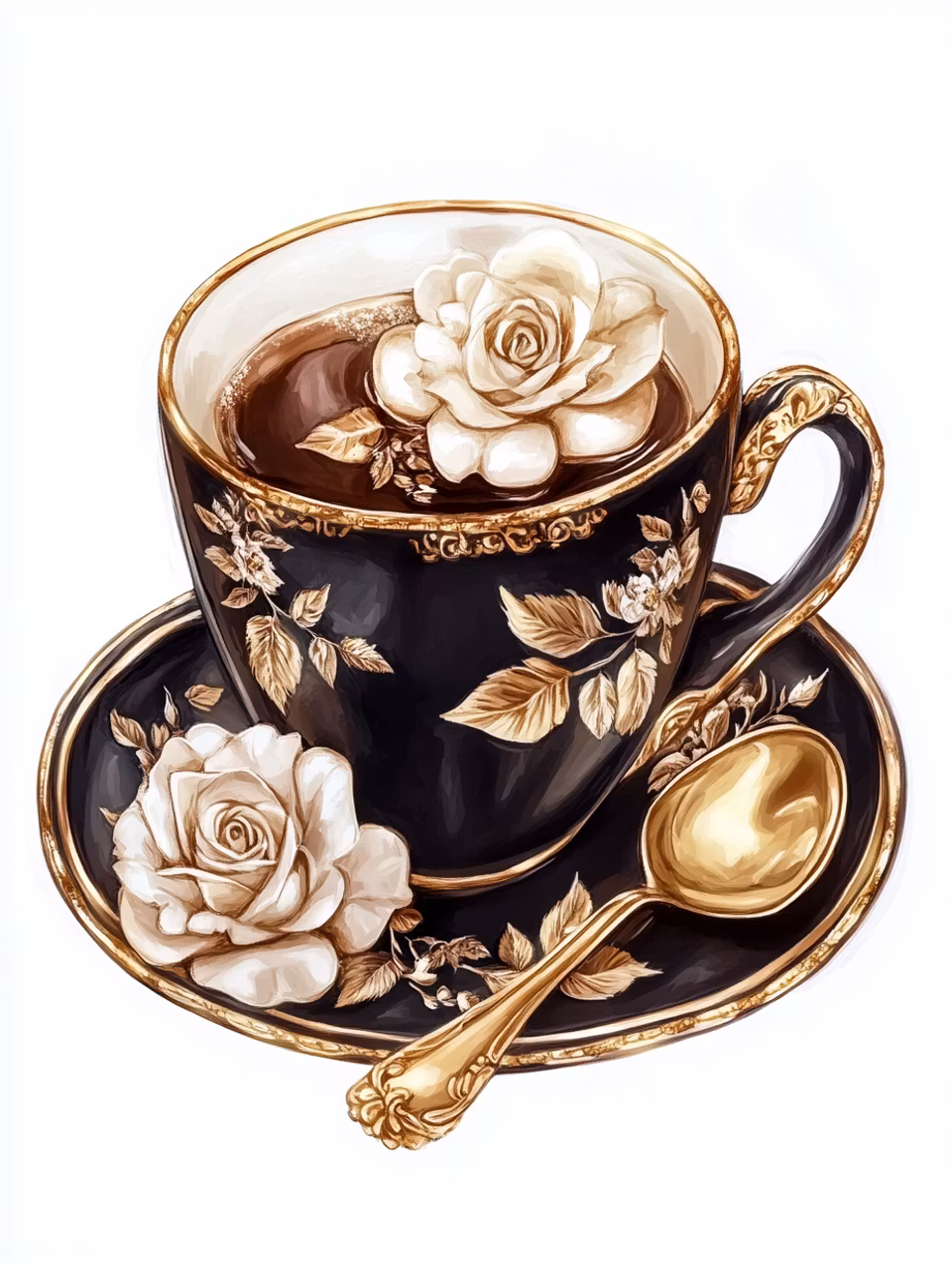 korsstygn, svart kaffekopp med guldiga detaljer, vita rosor