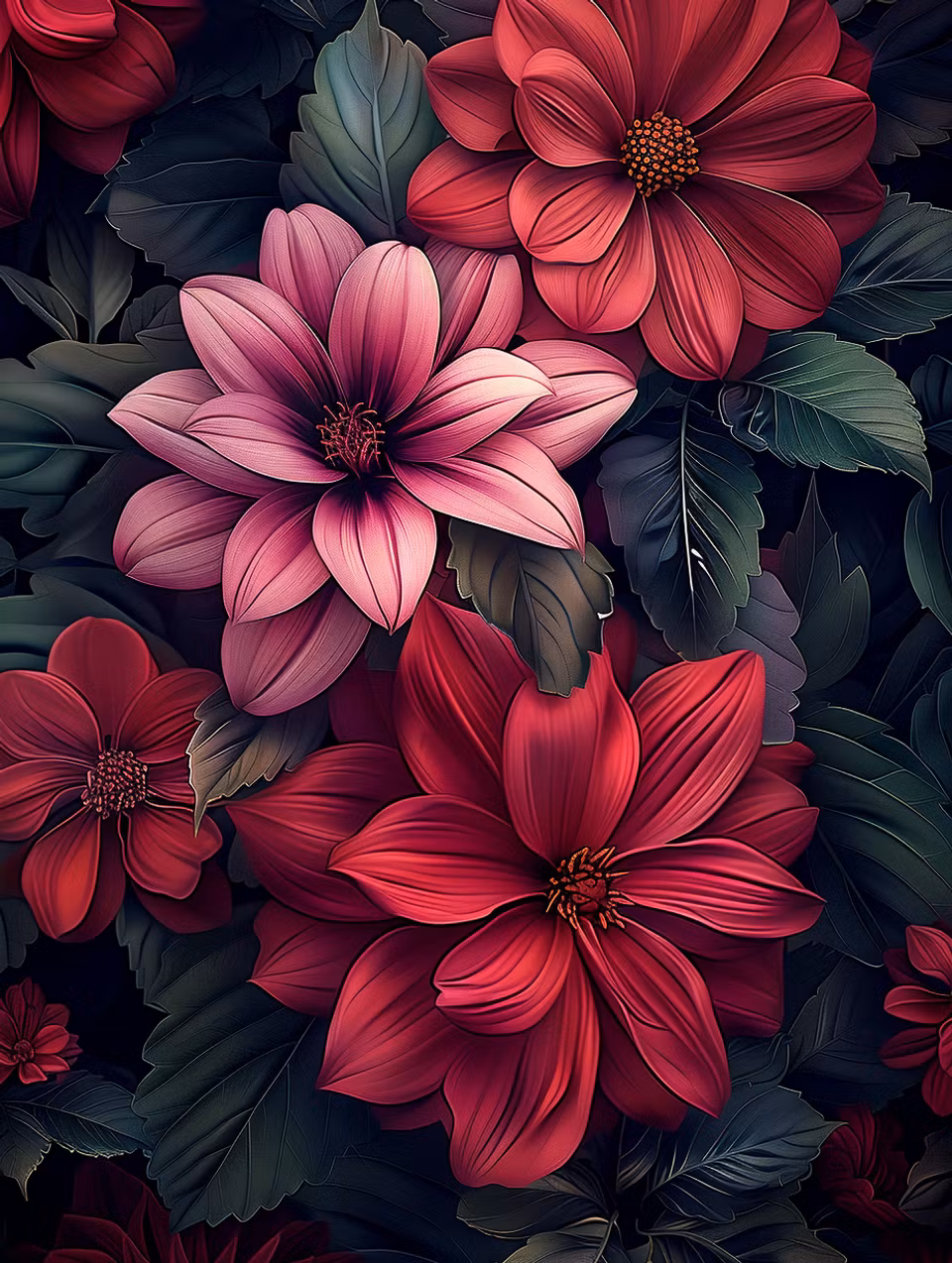 paint by number, blommor med gröna blad
