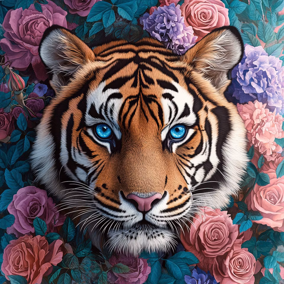 paint by number, tigerhuvud bland blommor