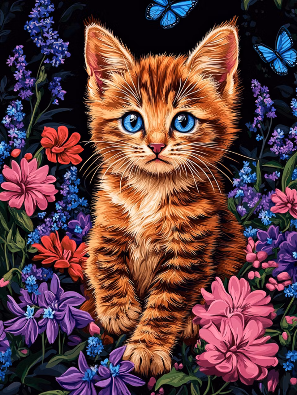 paint by number, katt bland blommor