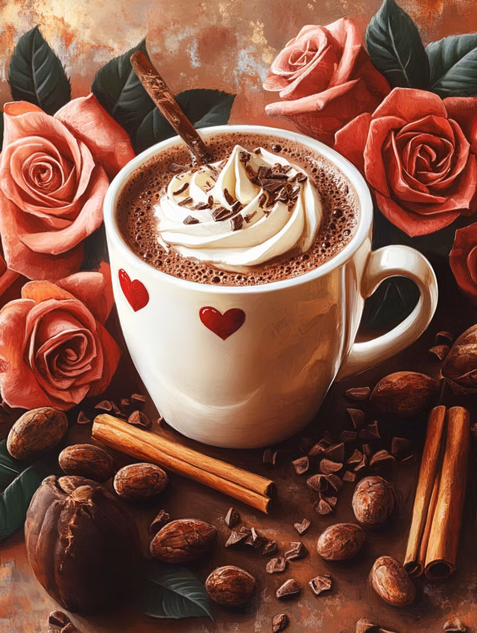 paint by number, kaffekopp med kaffe och grädde, rosor, kanelstänger