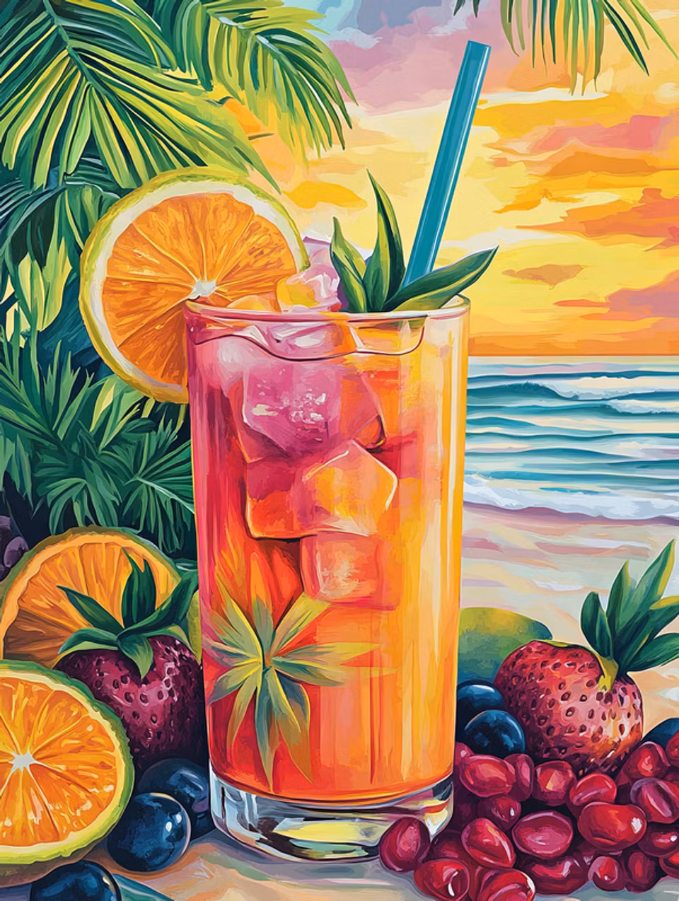 paint by number, läskande drink i solen med bär