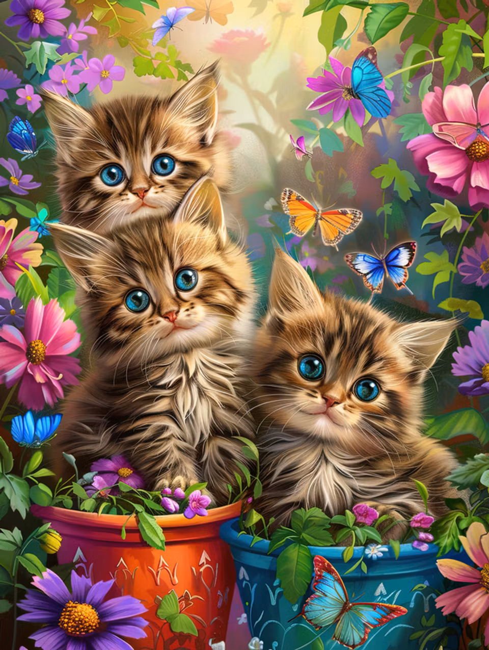 paint by number, kattungar i hinkar, blommor