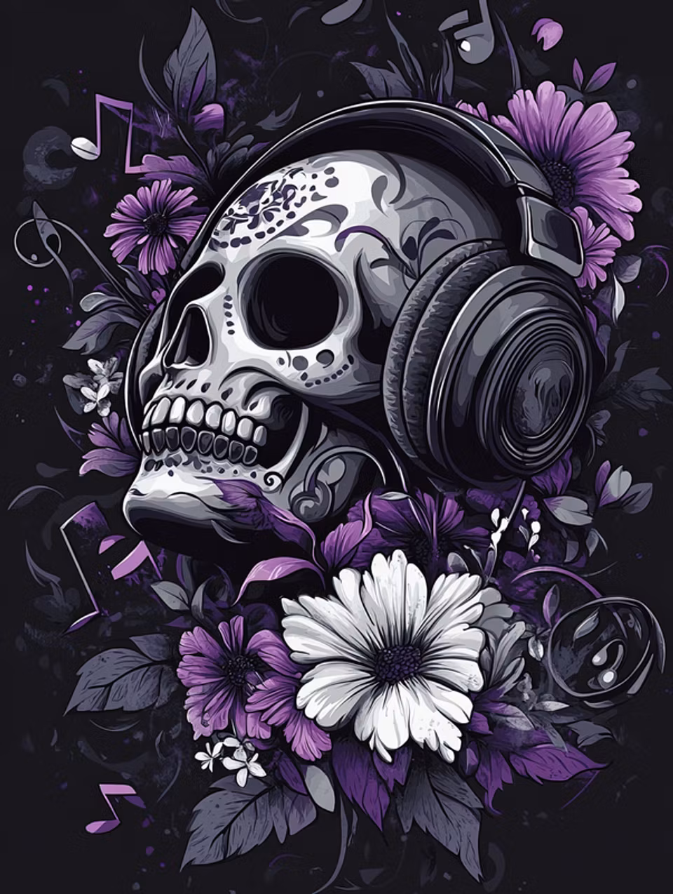 paint by number, döskalle som lyssnar på musik ur hörlurar, blommor