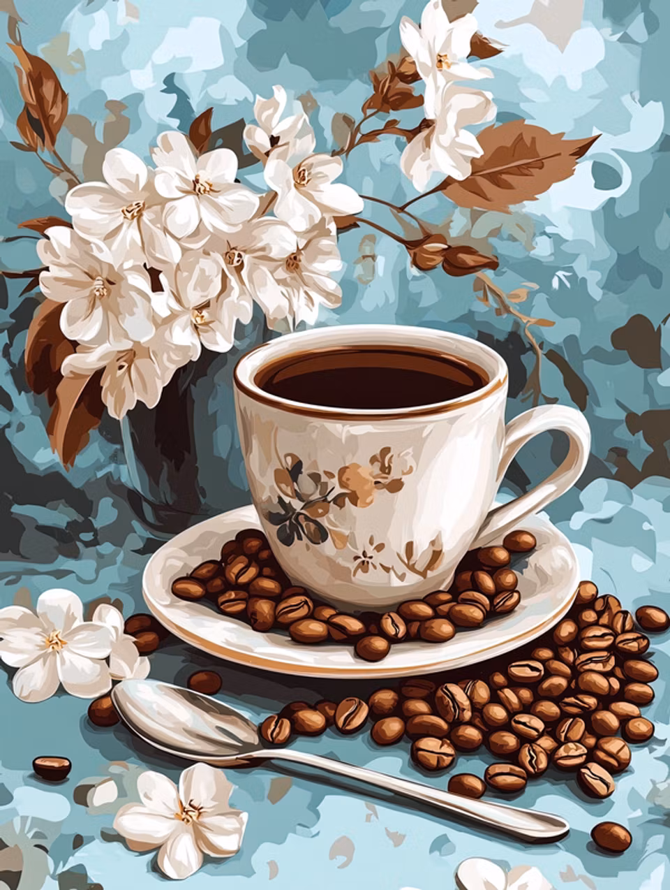 paint by numbers, kaffekopp, kaffebönor och blommor