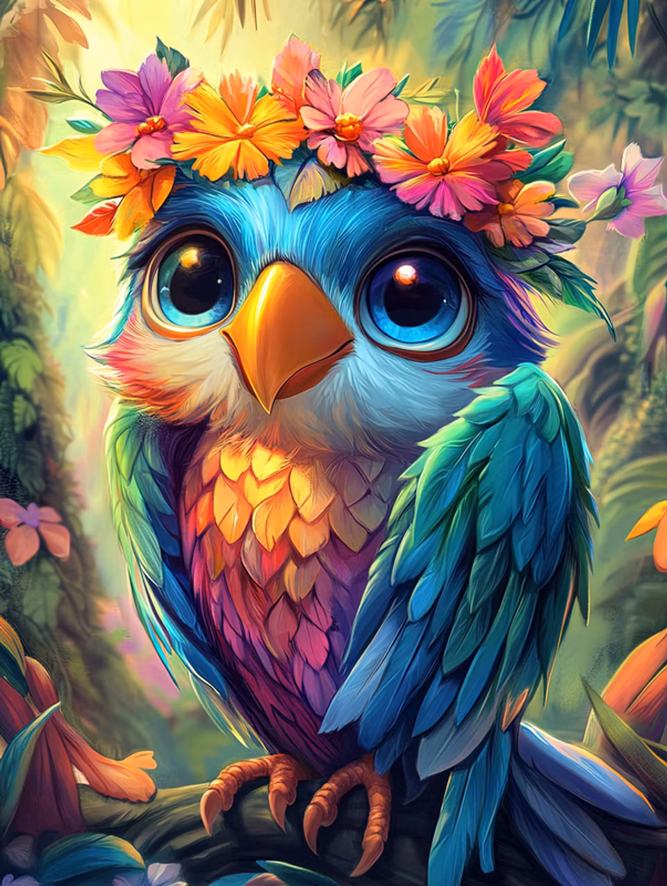 paint by number, papegoja på gren, blommor i huvudet