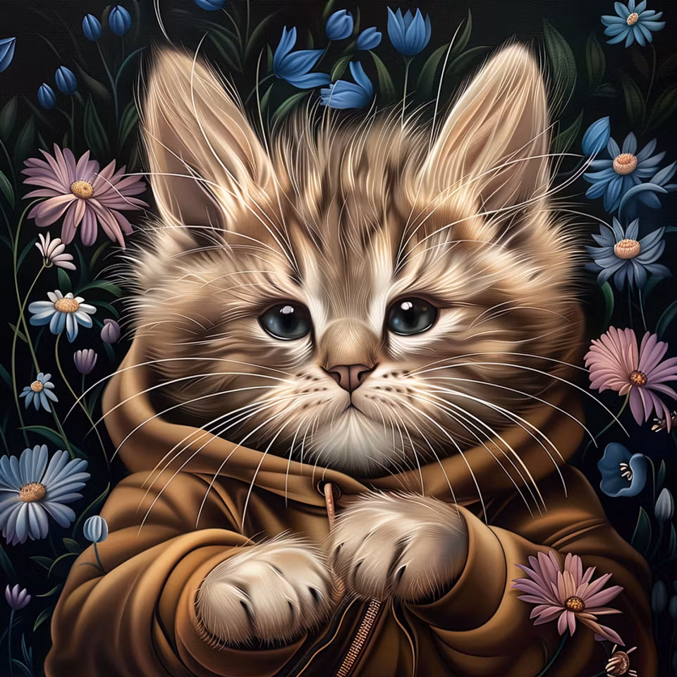 paint by numbers, katt i luvtröja bland blommorna