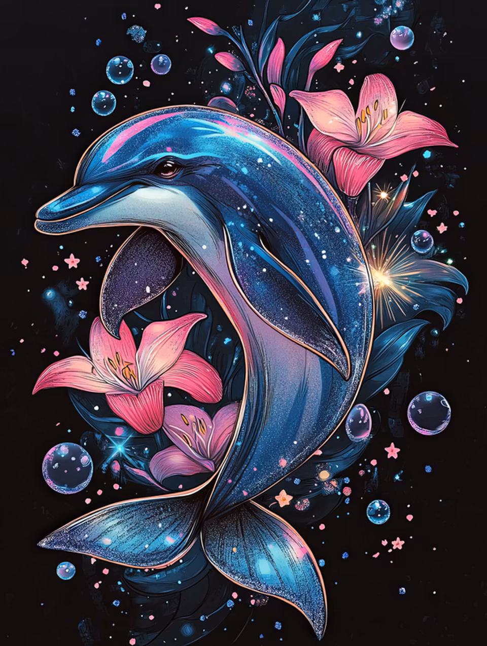 korsstygn, delfin bland rosa liljor