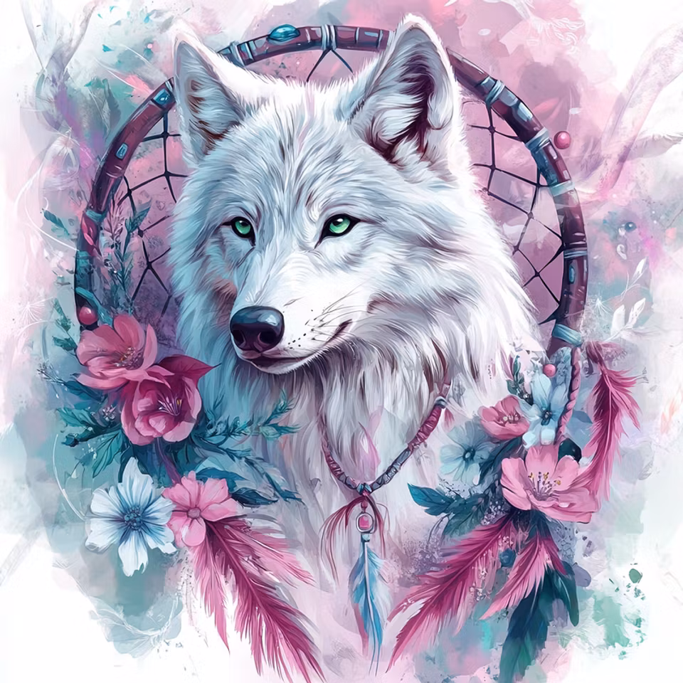 korsstygn, varg i drömfångare, blommor och fjädrar