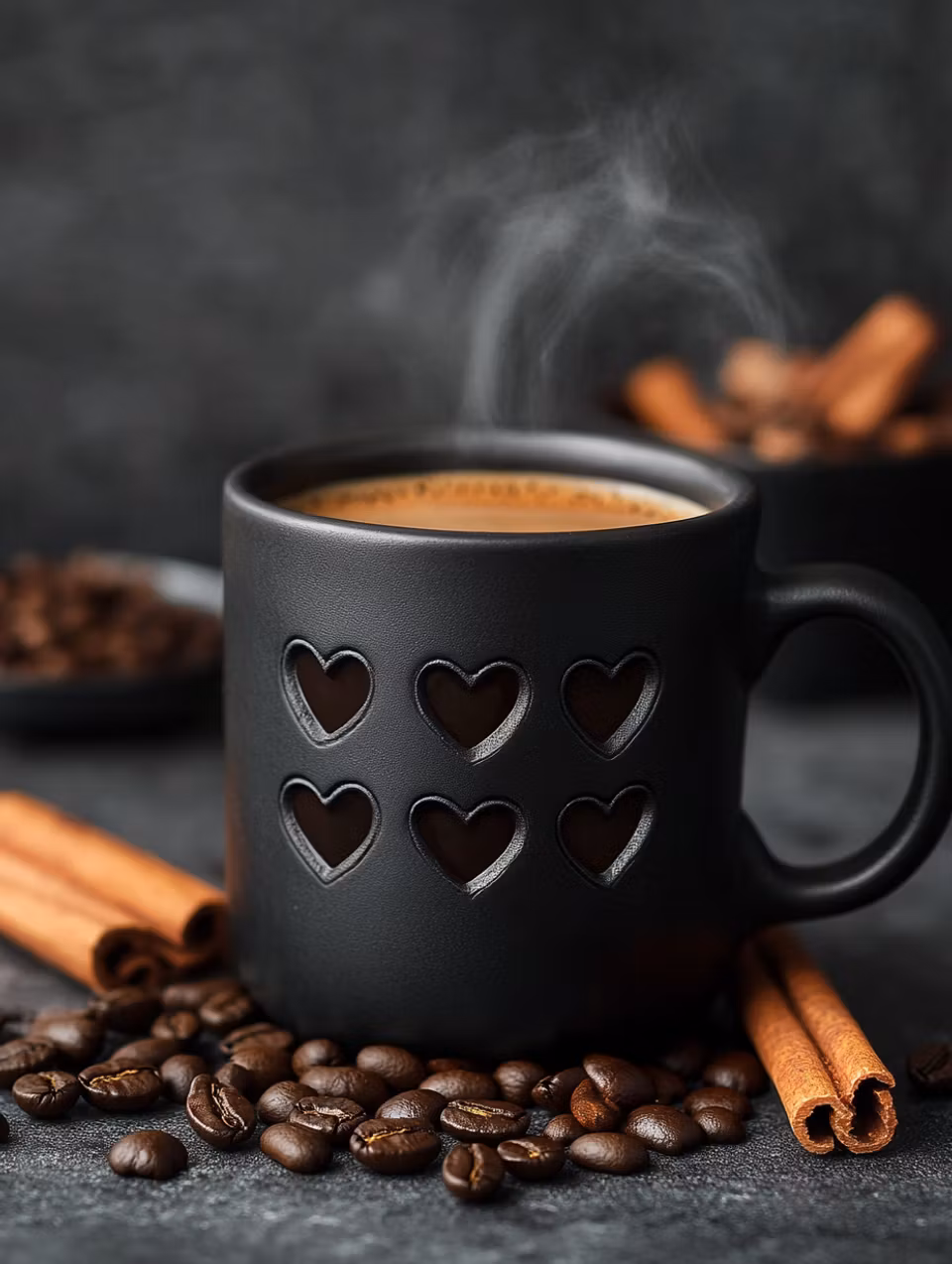 diamond painting, svart rykande kaffekopp, kanelstänger, kaffebönor
