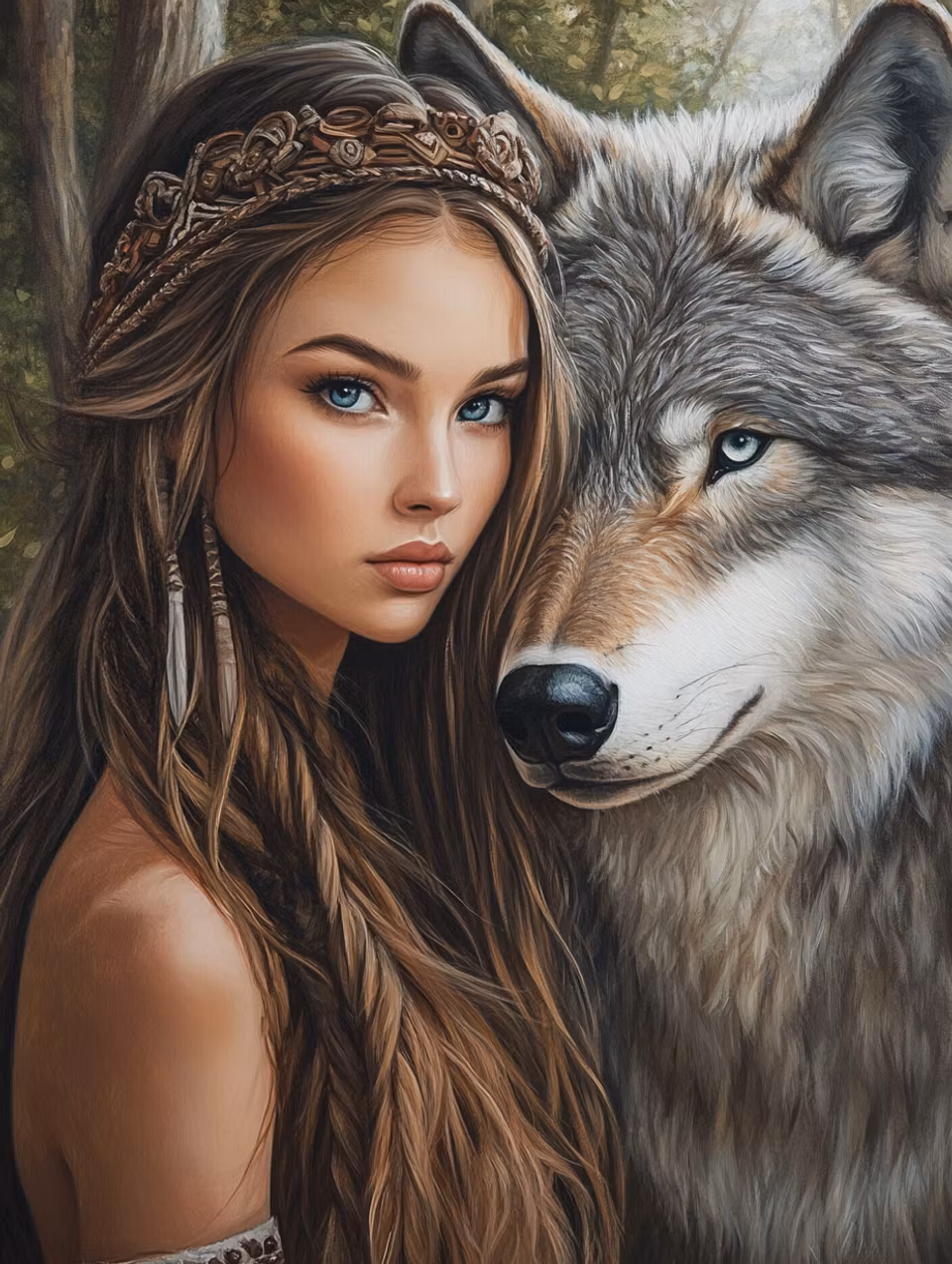 diamond painting, kvinna med varg