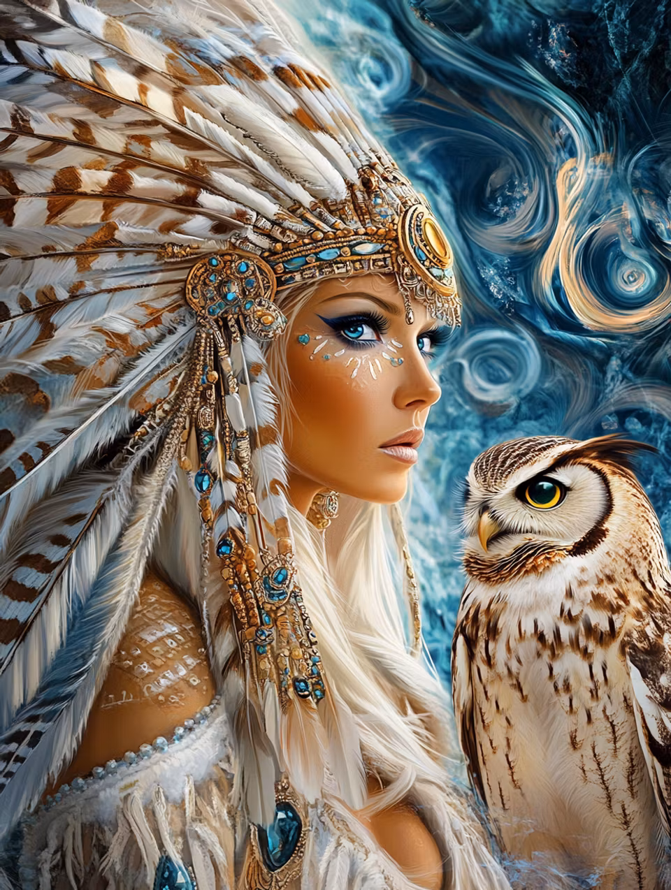 diamond painting, indiankvinna med utsmyckning, uggla