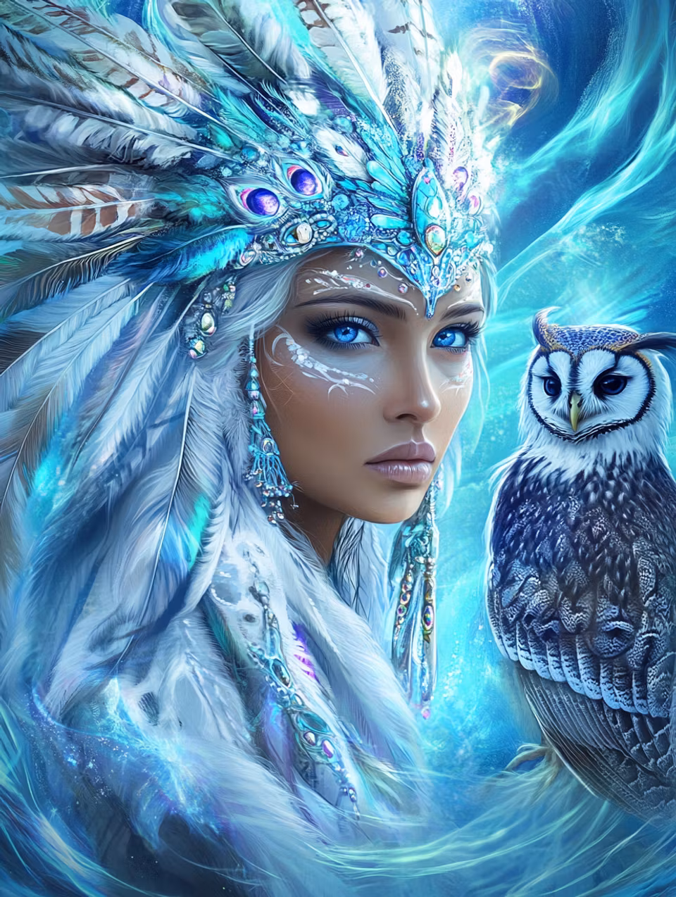 diamond painting, indiankvinna och uggla i blått