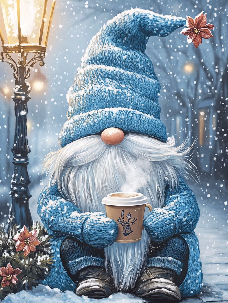 diamond painting, tomte med kaffe, lyktstolpe