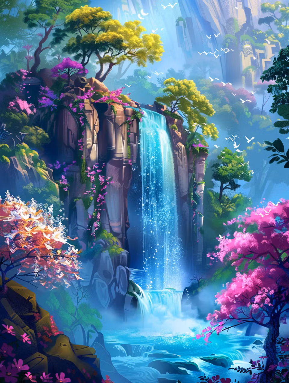 diamond painting, vattenfall med träd och blommor