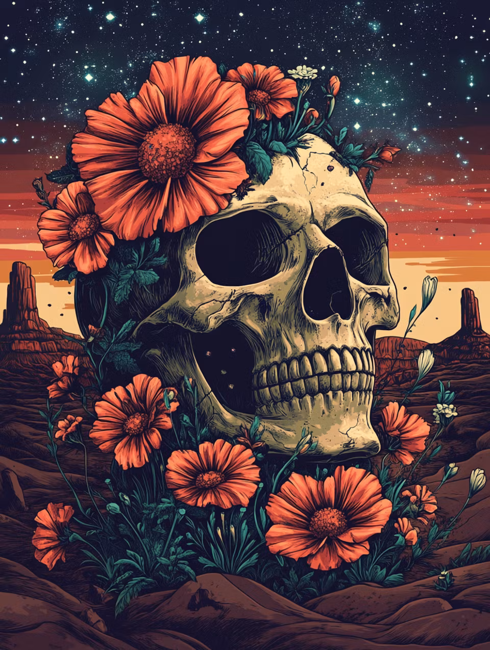 diamond painting, döskalle dekorerad med blommor, ökenlandskap