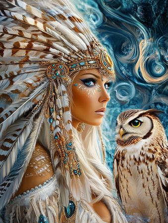 Diamond painting Resin - Indiankvinna med uggla 40x50cm