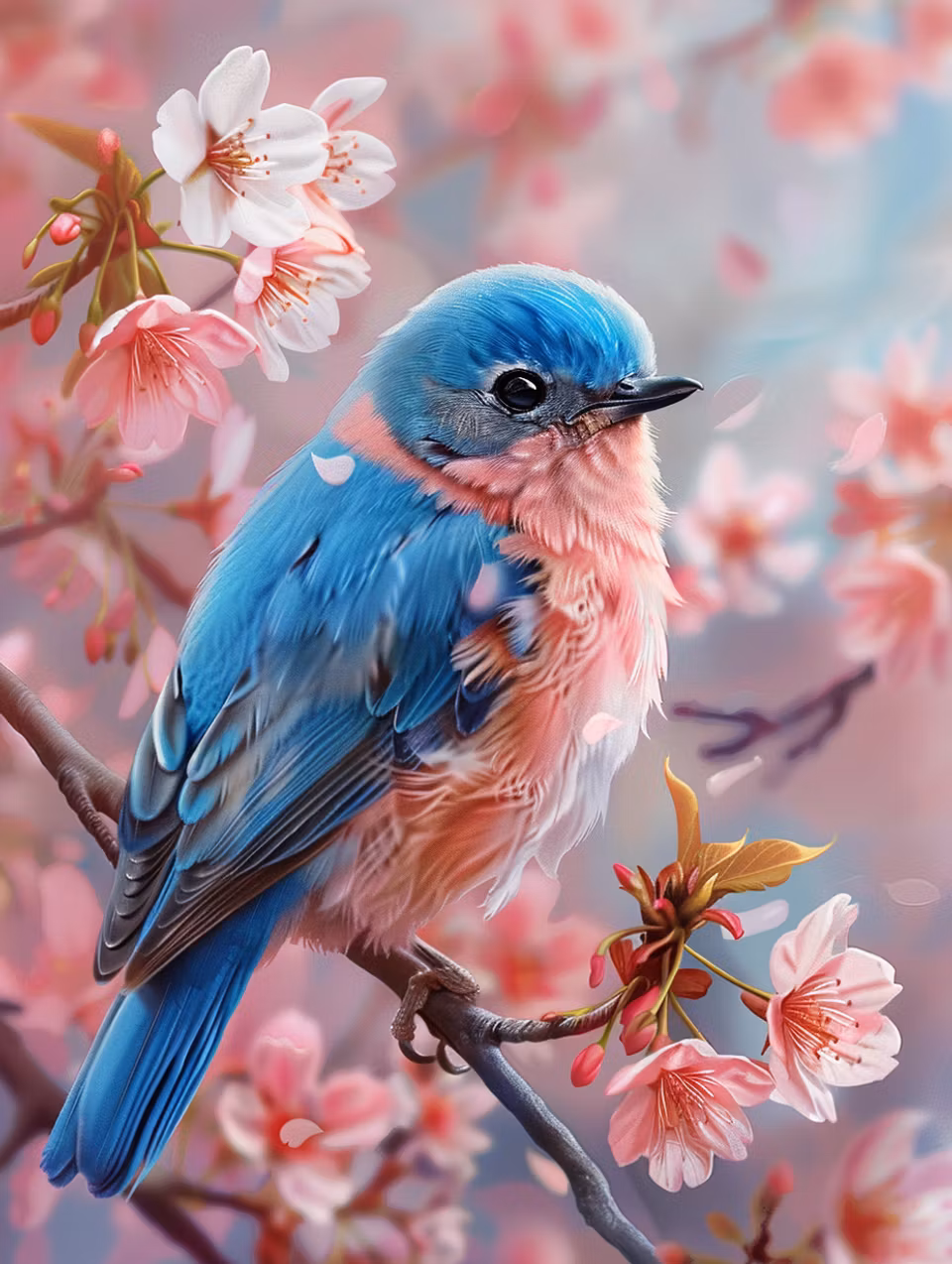 diamond painting resin, blå och rosa fågel, blommande körsbärsblommor