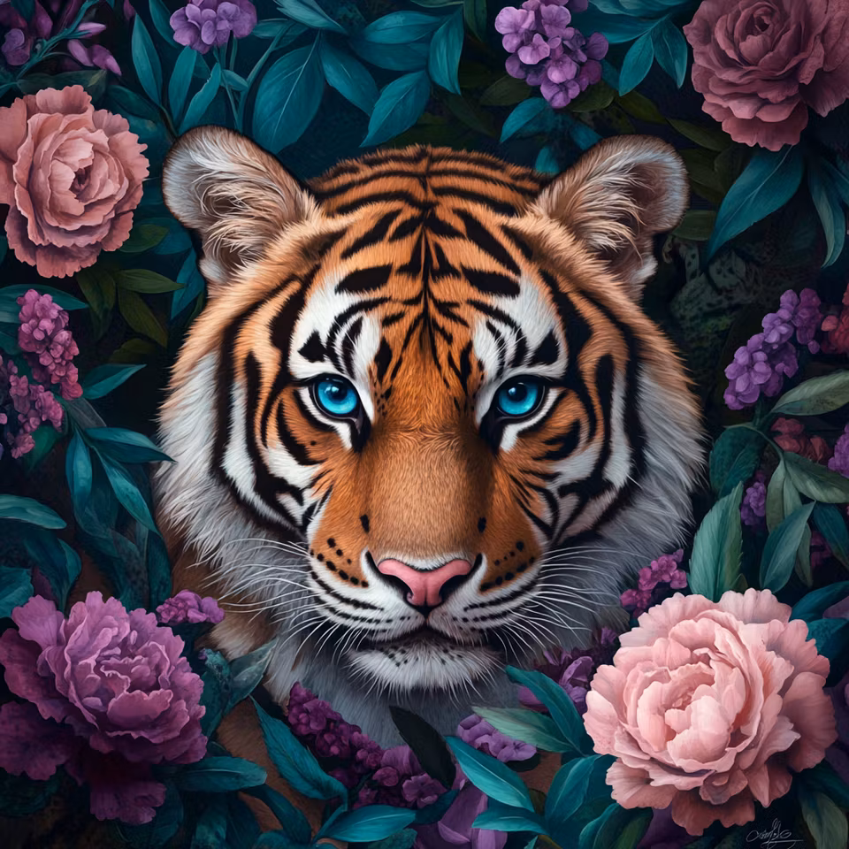 diamanttavla, tiger bland mörk växtlighet och lila/rosa blommor