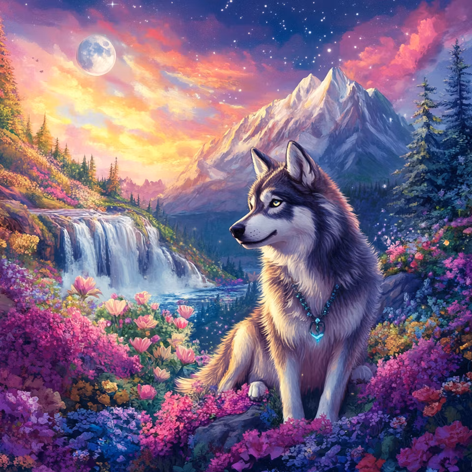 diamond painting, varg bland fjällblommor, berg, vattenfall