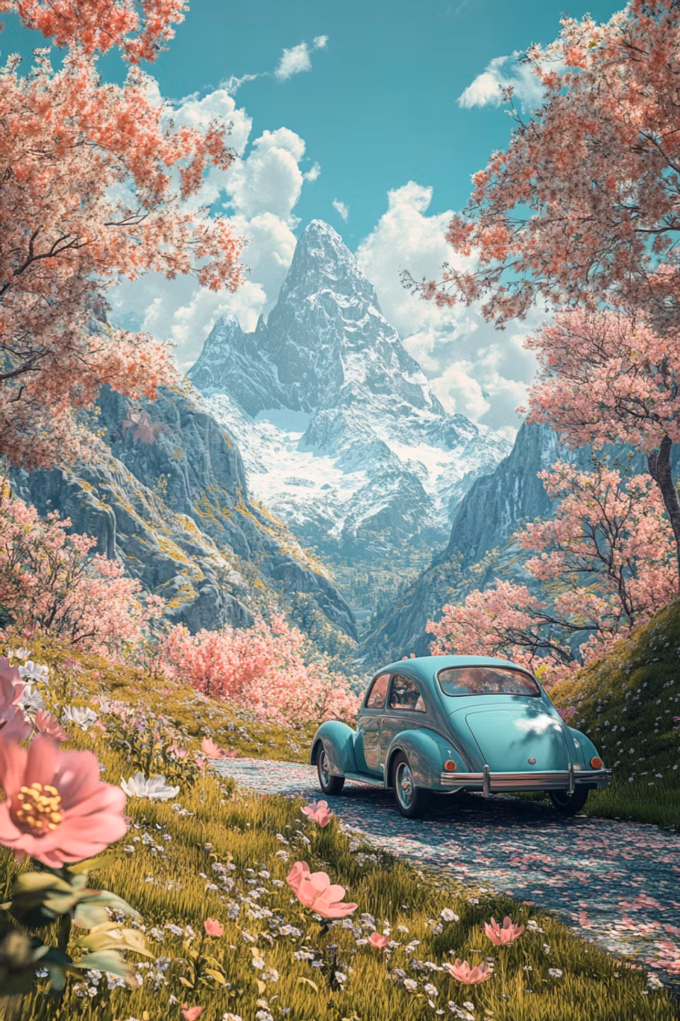 diamond painting, klassisk bil som kör genom en dal med snötäckta berg, rosa blomsterträd