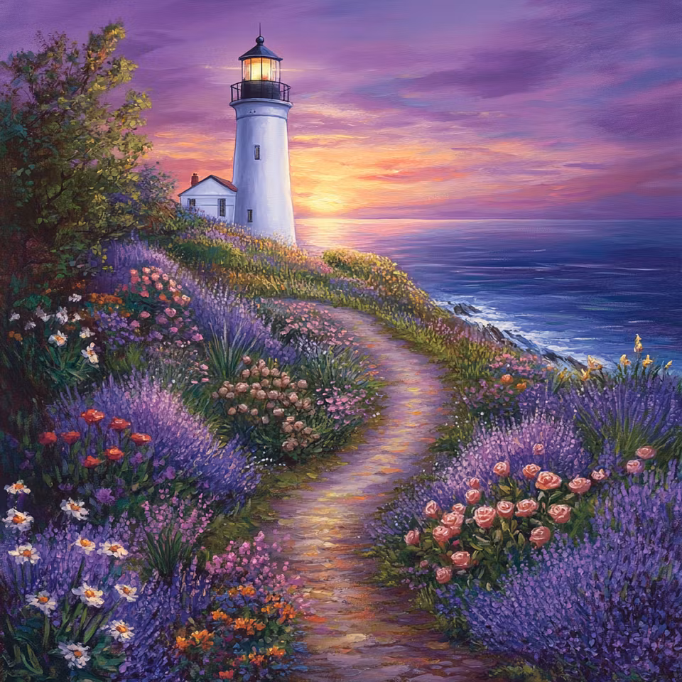 diamond painting, stig med lavendel, rosor och sommarblommor, fyr vid solnedgången