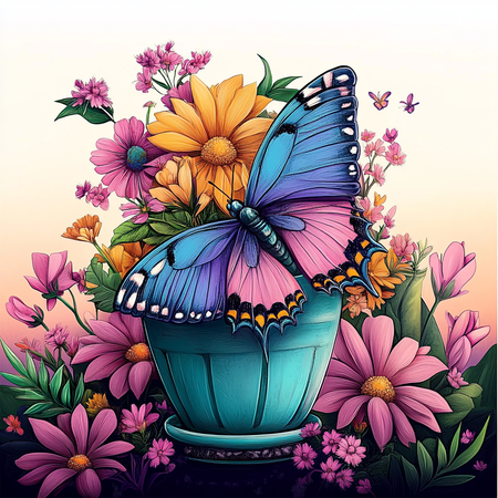 Diamond Painting Akryl - Fjäril och blomsterkruka 30x30cm