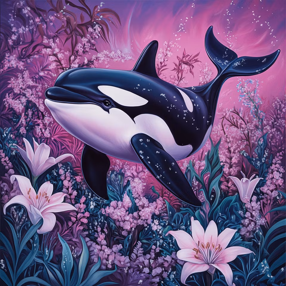 diamond painting, späckhuggare bland rosa blommor och växter