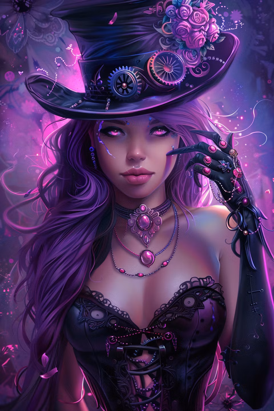 diamond painting, kvinna i steampunk-stil med lila hår, hatt med kugghjul, rosor och smycken