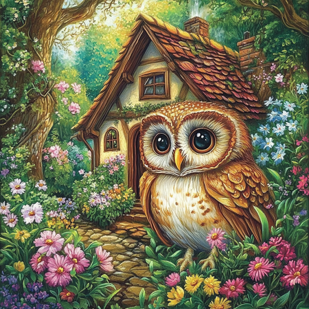 Diamond Painting Akryl - Uggla vid skogsstugan 40x40cm