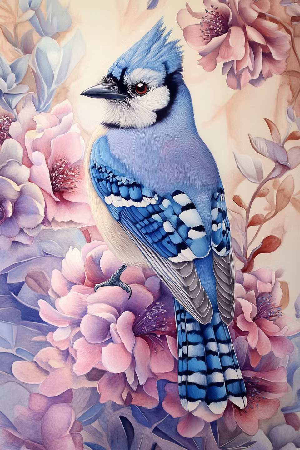 diamond painting resin, blåskrika bland ljusrosa blommor