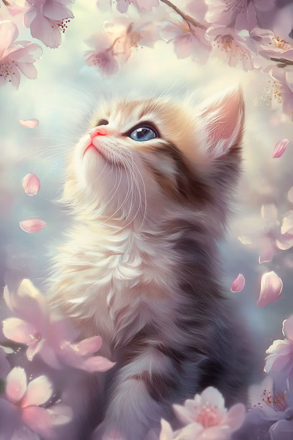 diamanttavla resin, fluffig kattunge bland blommande körsbärsgrenar