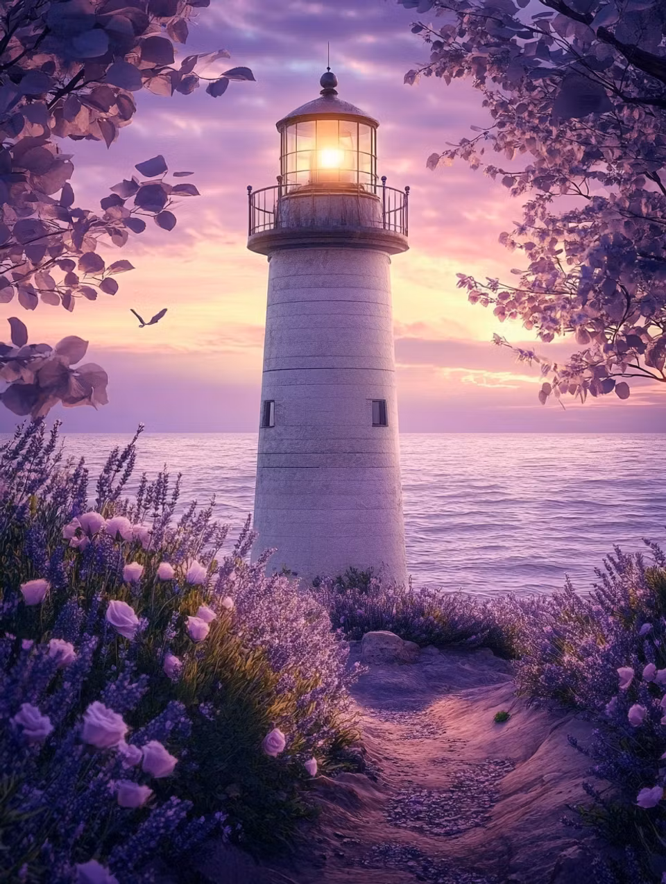 diamond painting resin, fyr vid havet, lavendel och rosa blommor
