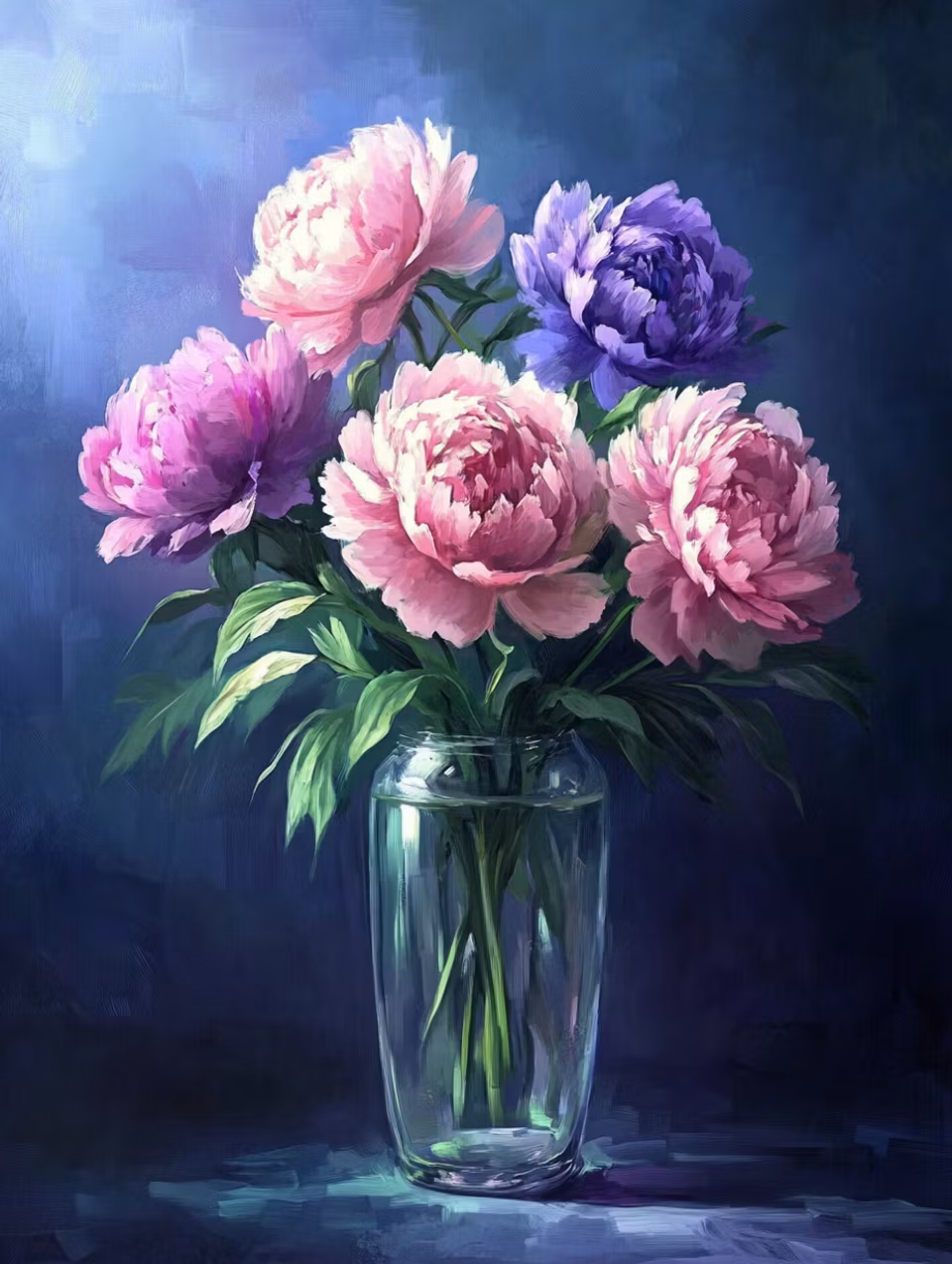 diamond painting resin, bukett pioner i rosa, lila och blått i en glasvas