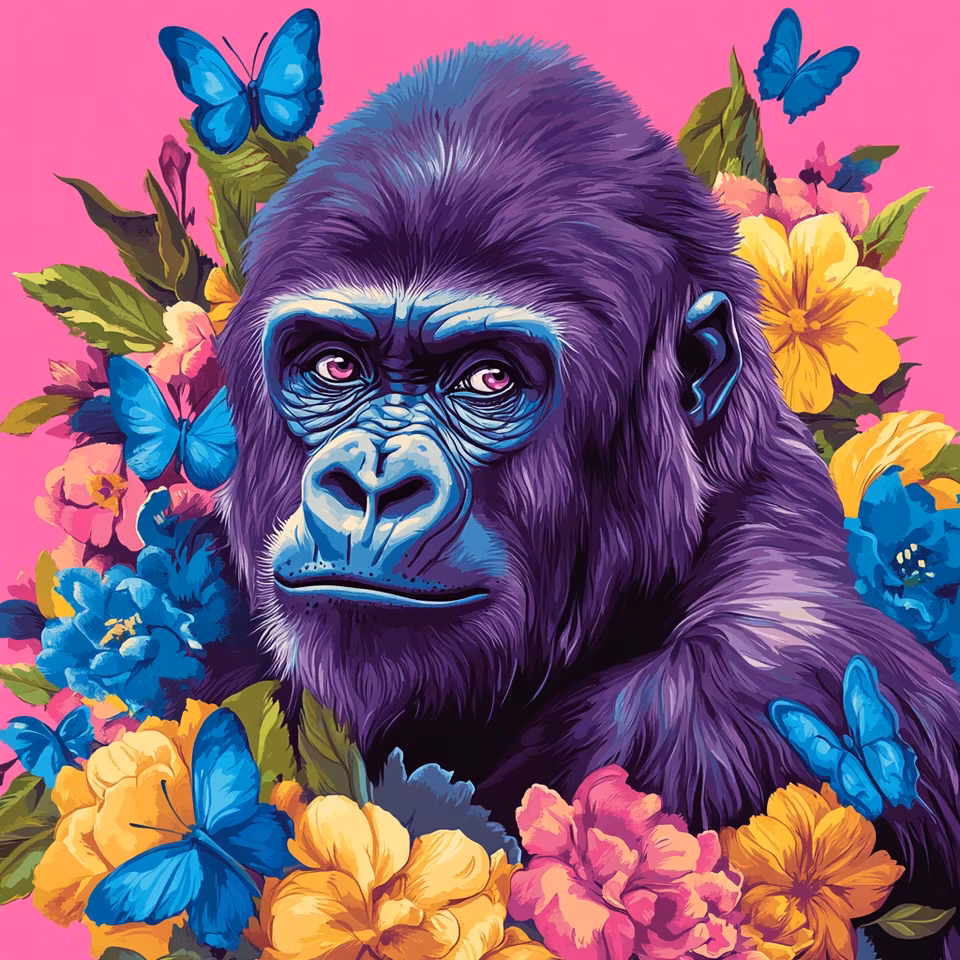 diamanttavla, gorilla omgiven av fjärilar och blommor