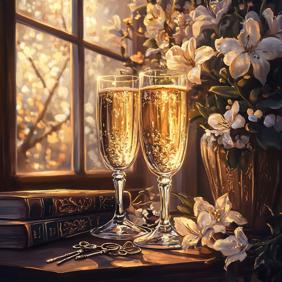 diamanttavla, champagneglas med dryck, kvällssol, blommor och böcker