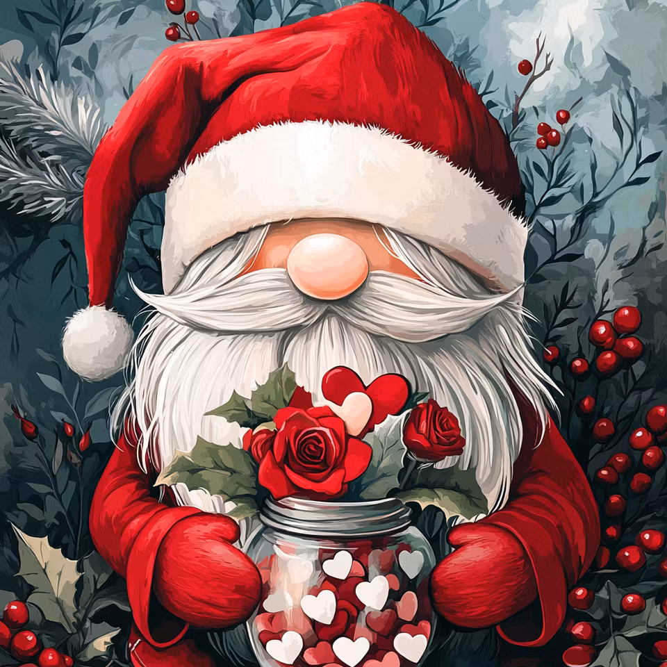 diamanttavla, jultomte med burk fylld med hjärtan och rosor, granris och röda bär