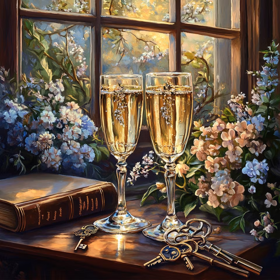 diamond painting, champagneglas bland vårblommor och nycklar