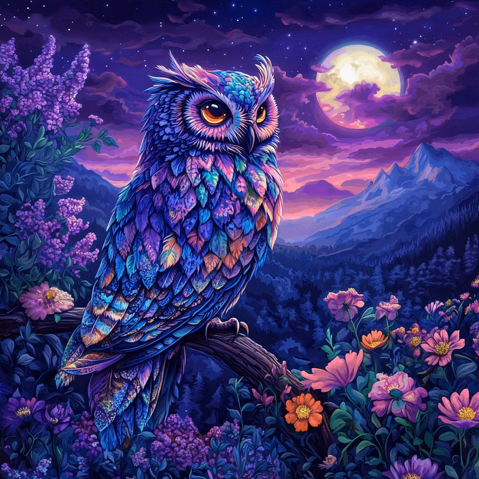 diamond painting, uggla med skimrande fjädrar, blommigt landskap, månsken