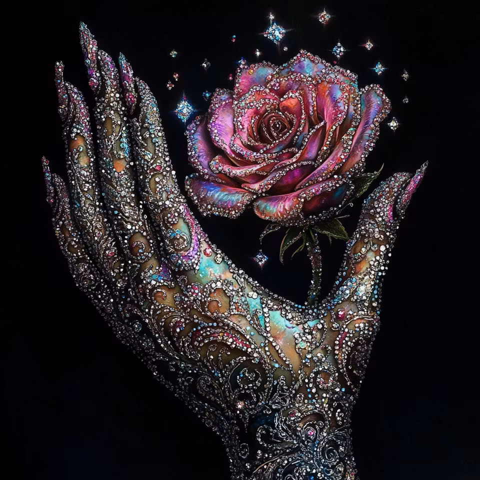 diamond painting, hand och ros med diamanter