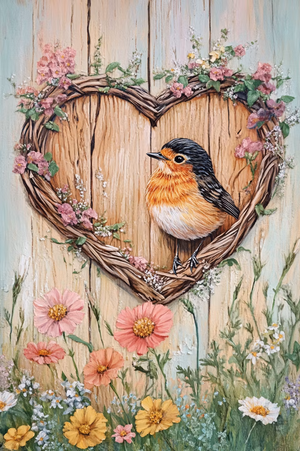 diamond painting, rödhake i ett hjärta av kvistar