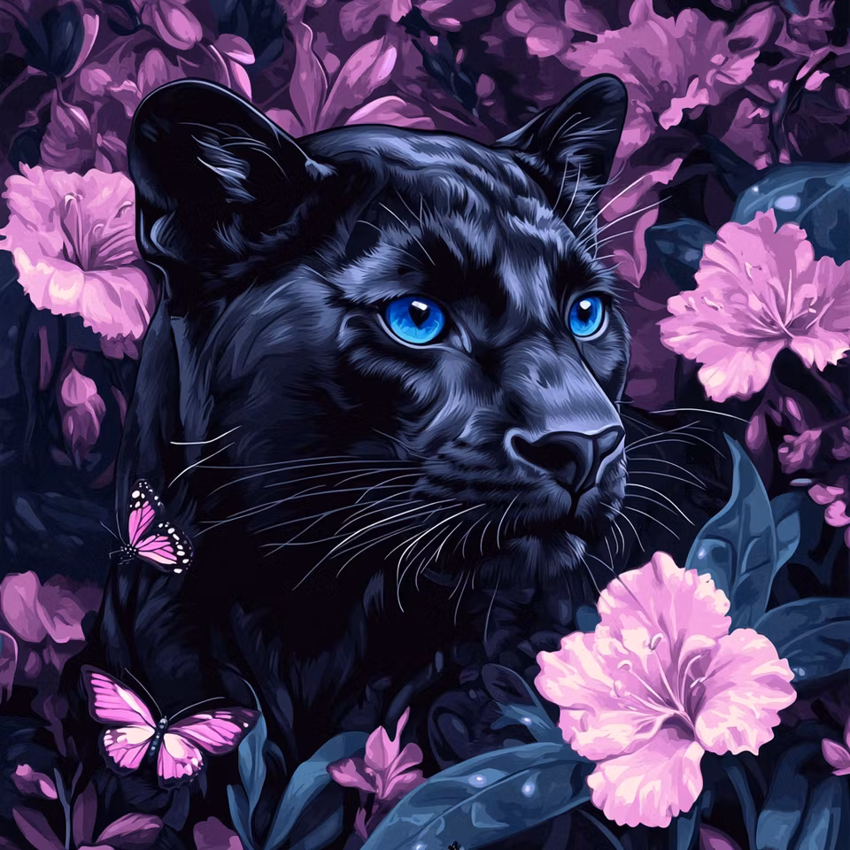 diamanttavla, svart panter bland lila blommor