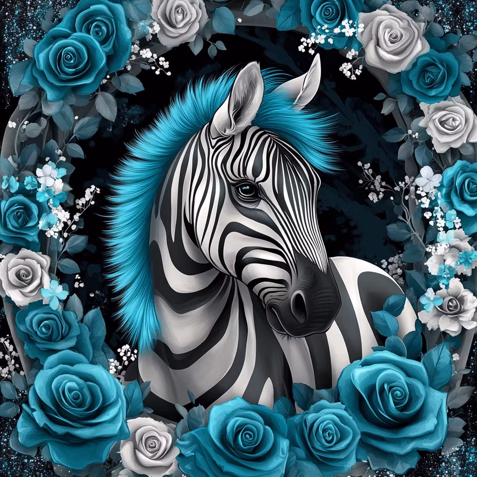 diamond painting, zebra med turkos man, blå och grå rosor