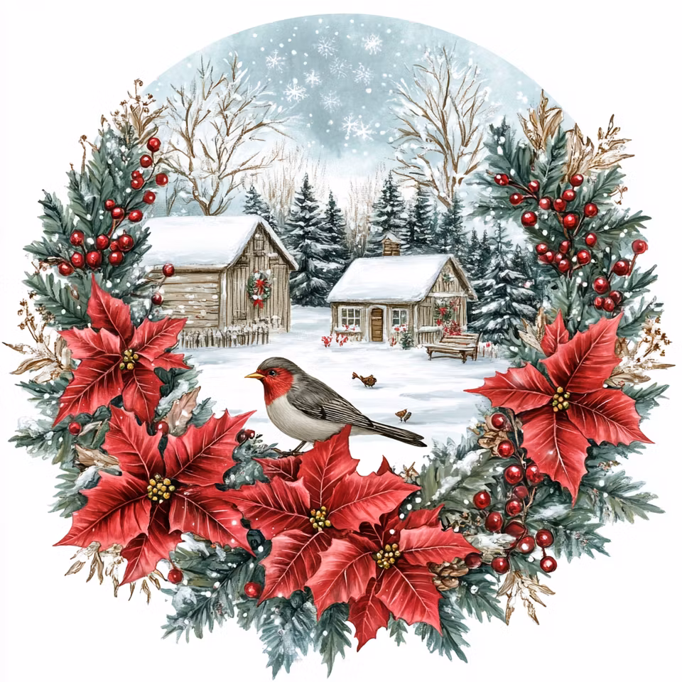 diamond painting, stugor, snö och fågel omgivet av julstjärnor och granris