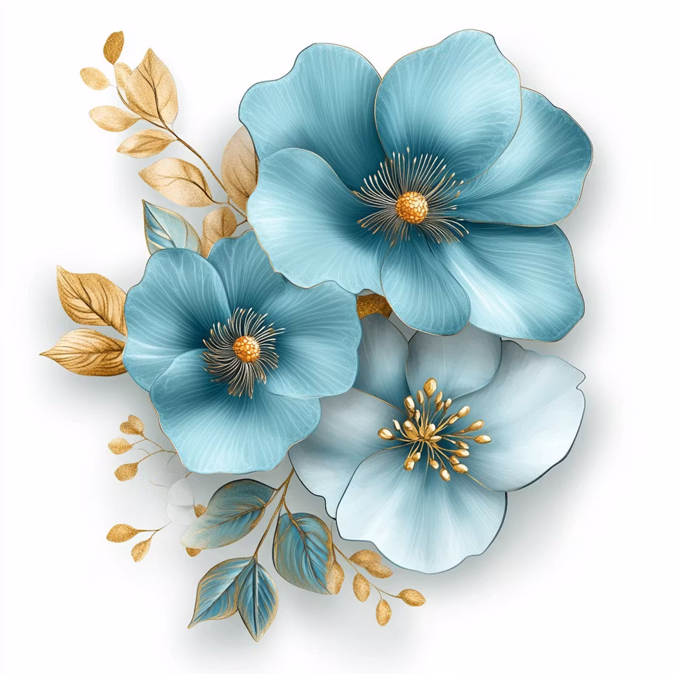 diamond painting, lyxiga blommor i blått och med guldtoner