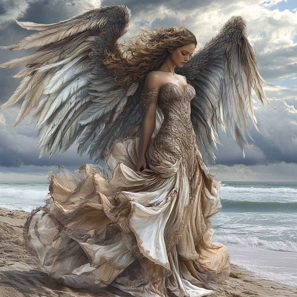 diamond painting, ängel på stranden