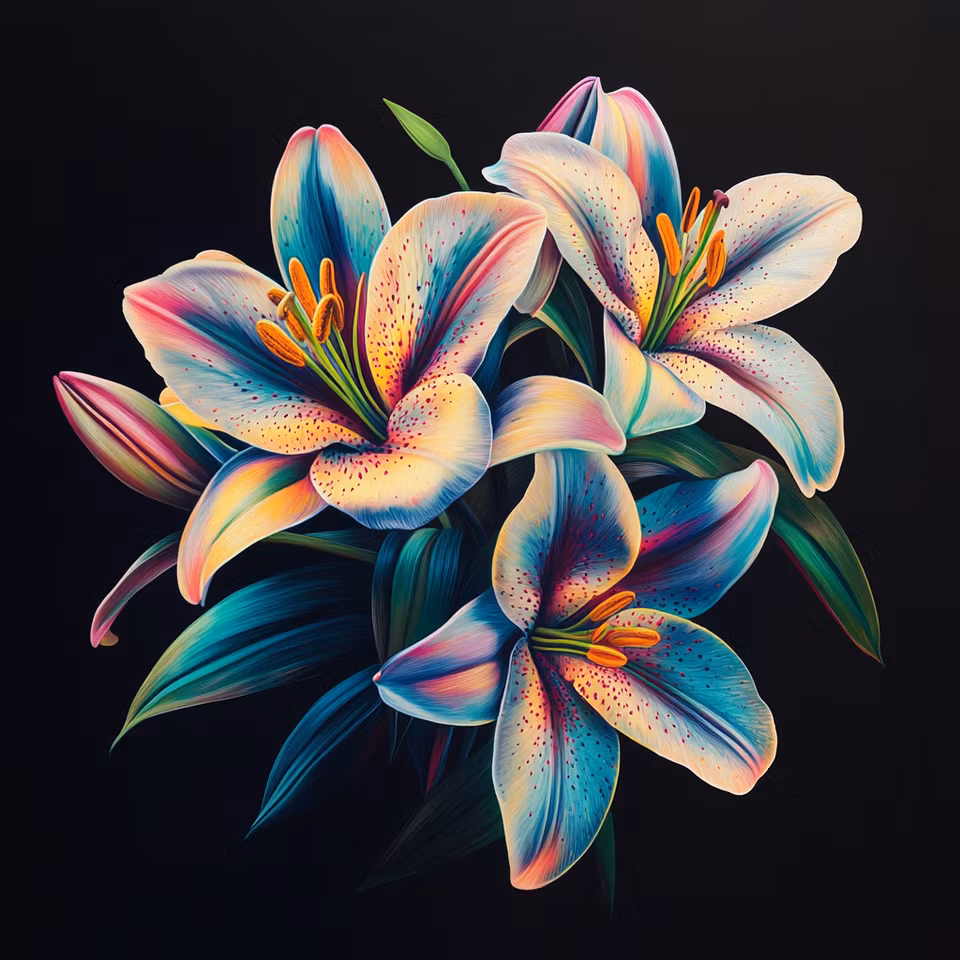 diamond painting, tre neonfärgade liljor mot en mörk bakgrund