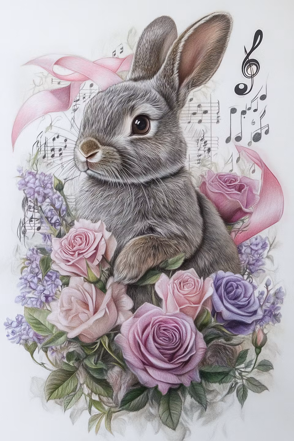 diamond painting, kanin omgiven av noter, rosetter och rosor