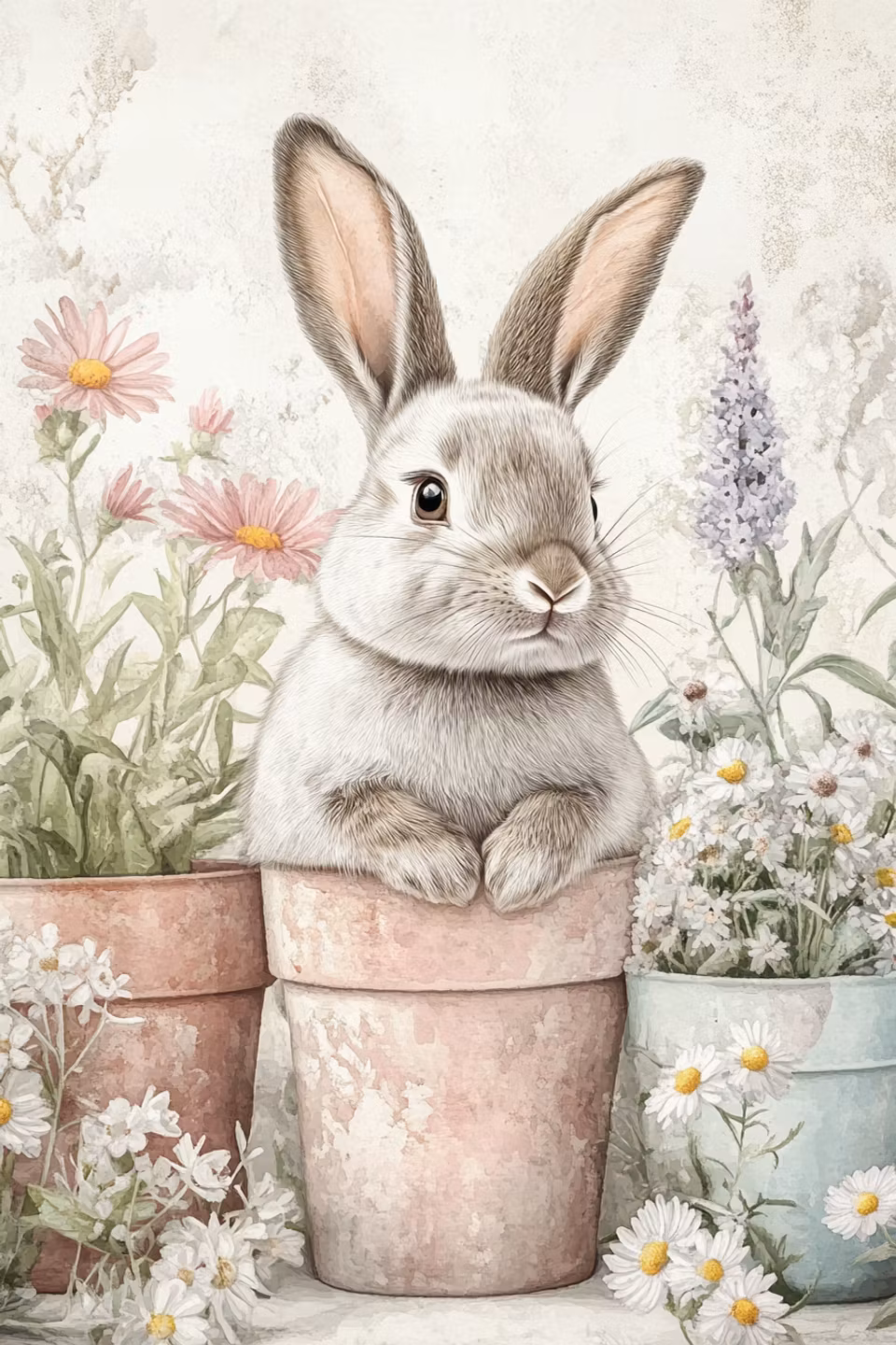 diamond painting, kanin bland somriga blommor och prästkragar