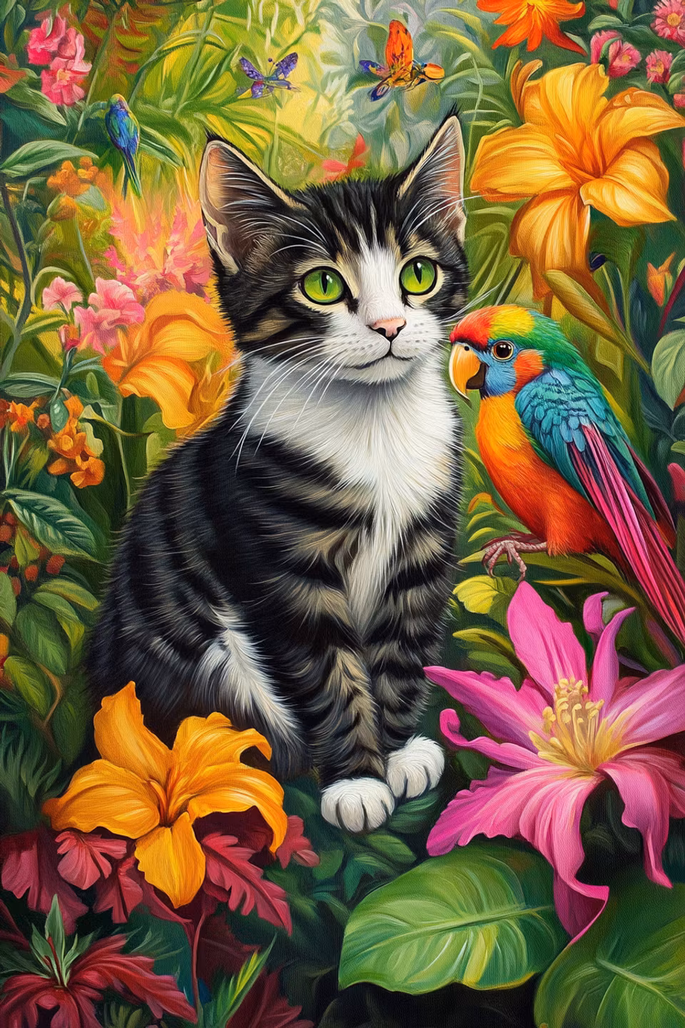 diamond painting, katt bland blommor med en papegoja